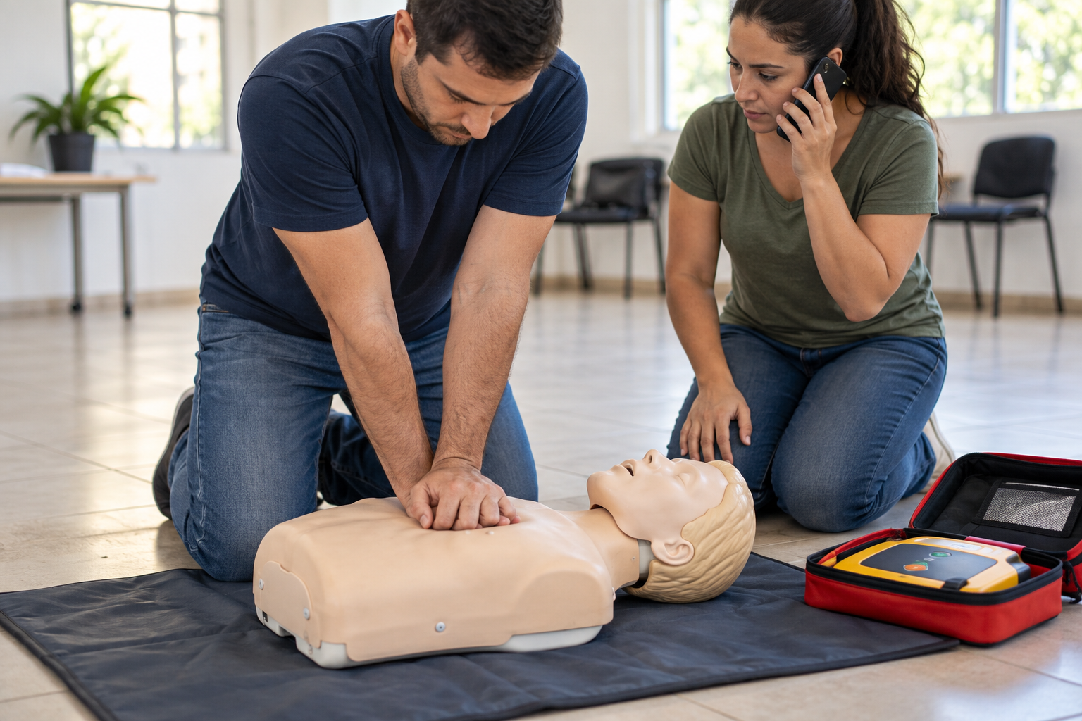 Duas pessoas treinam ressuscitação em um manequim, com telefone e desfibrilador ao lado.